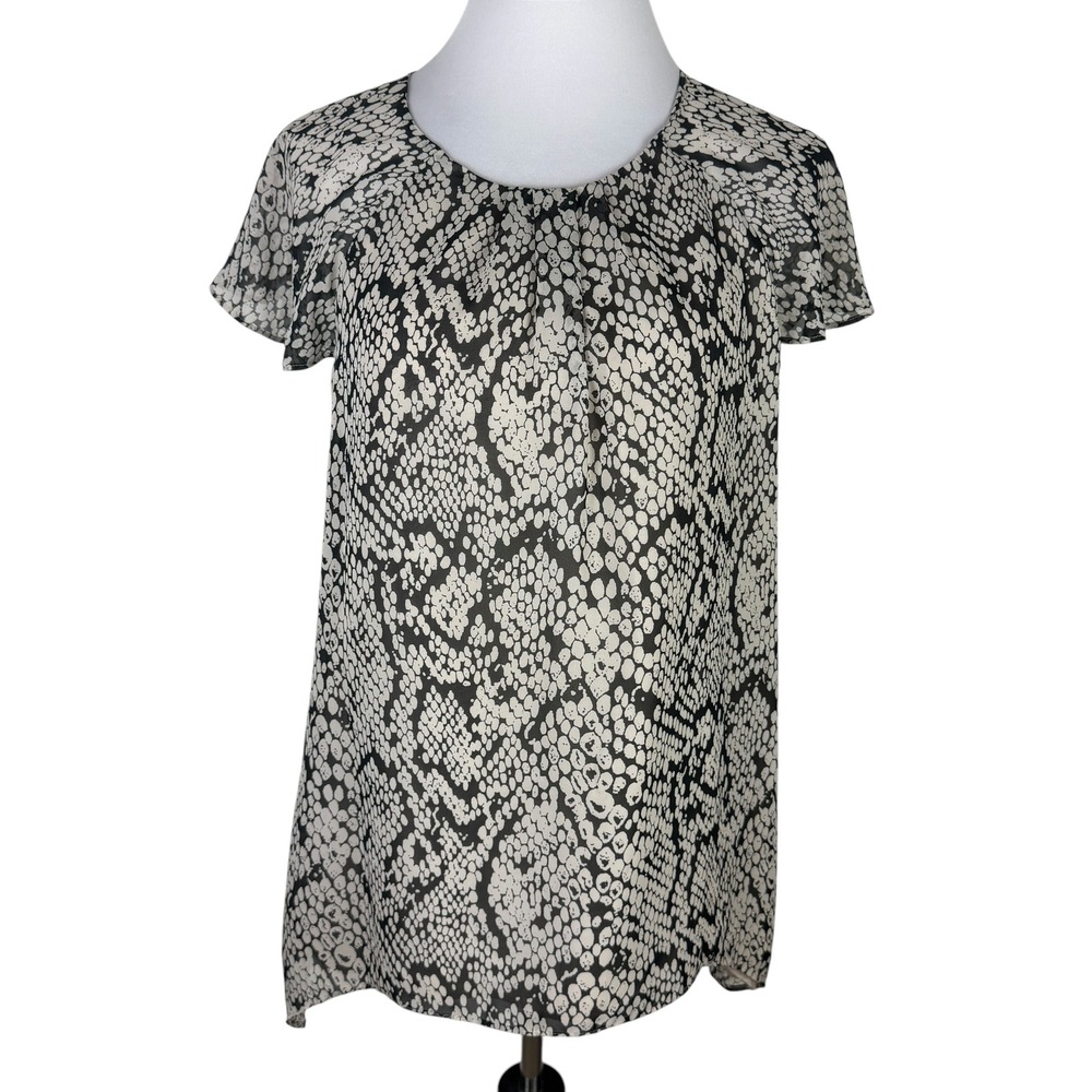 Madison Women's Large Grey Black Snakeskin Print Flutter Keyhole Back Blouse